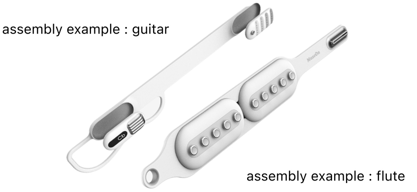 Two assembly examples of AKGI: a guitar configuration with a metal stroke module, and a flute configuration with two control units of trumpet- and flute-style buttons