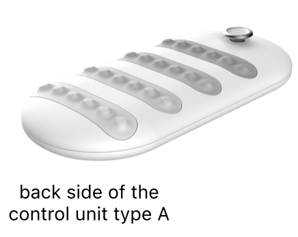 Back side of control unit type A, with rows of rounded bumps for the fingers