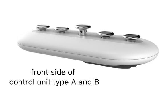 Front side of the control unit, shared by types A and B, with five metal trumpet- and flute-style buttons