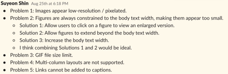 Slack message listing five blog-platform problems: low-resolution images, figures constrained to body width, GIF size limit, no multi-column layouts, and no links in captions