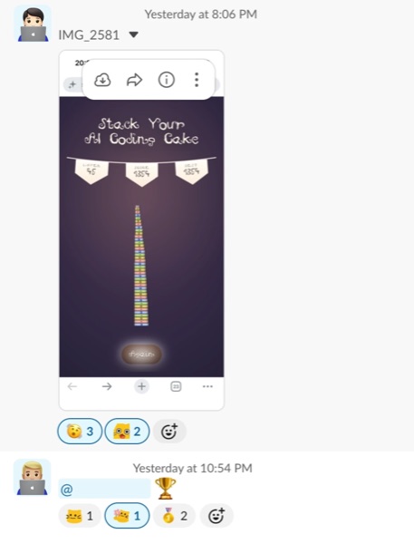 A 1354-point Stack Your AI Coding Cake score shared in the internal channel, with emoji reactions and a trophy reply