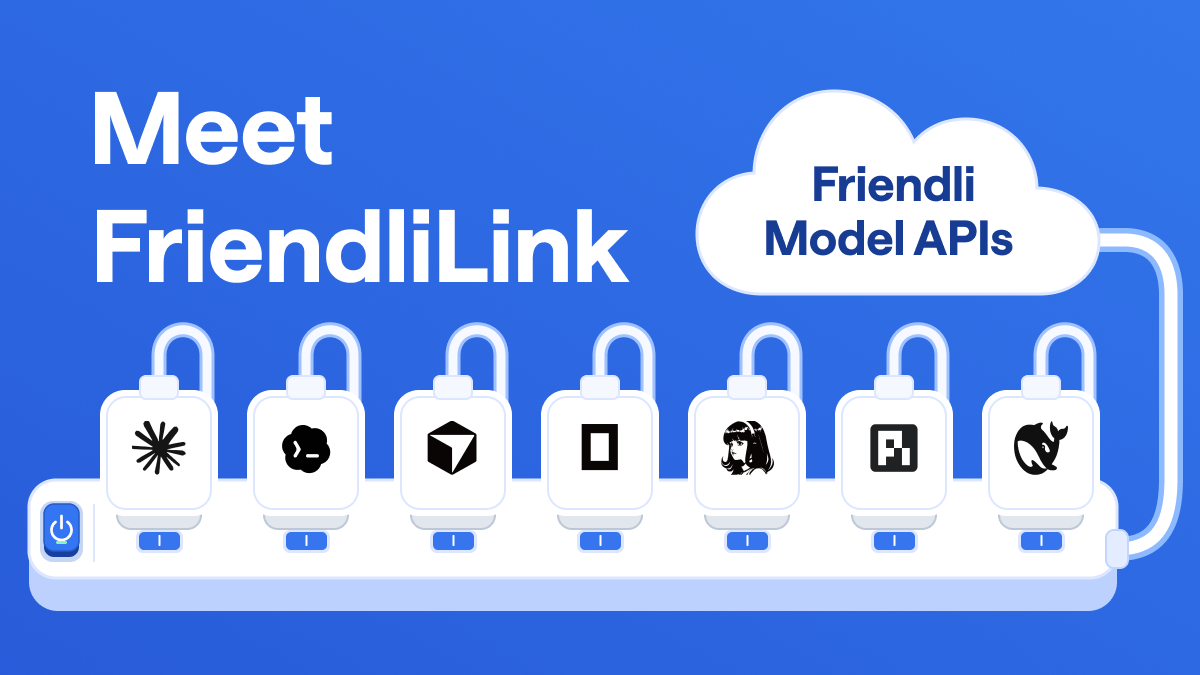 My FriendliLink thumbnail mockup: coding-agent plugs in a power strip connected to a Friendli Model APIs cloud