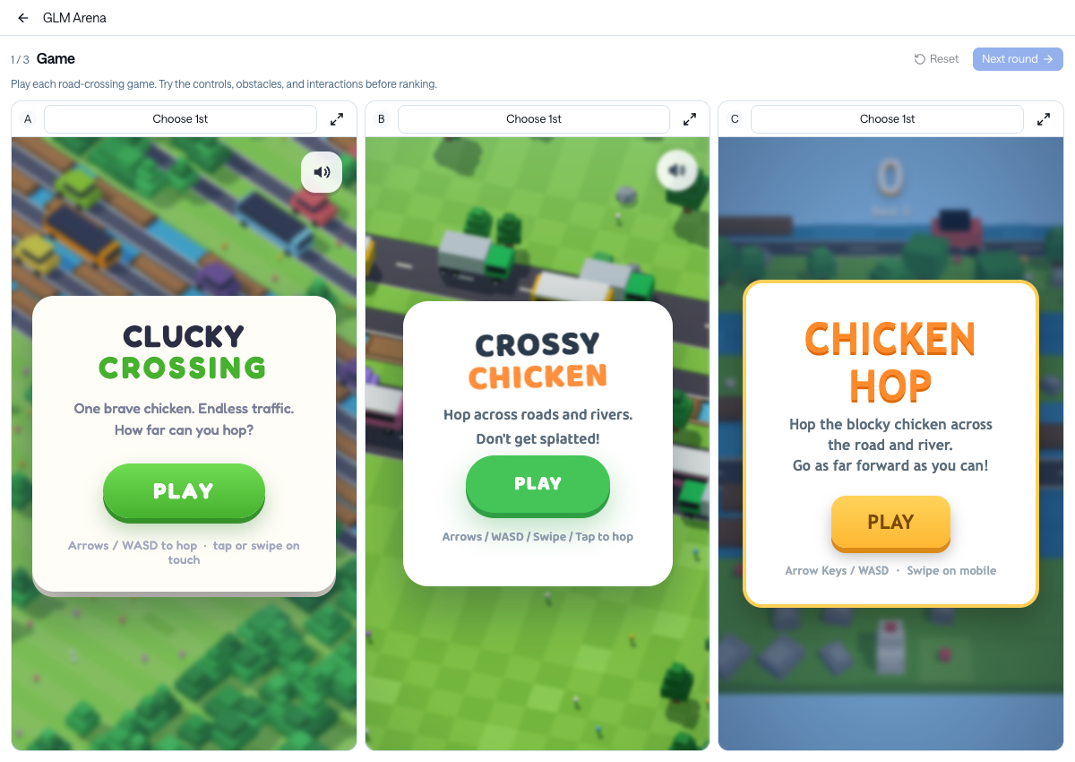 GLM Arena showing three model-generated road-crossing games and ranking controls